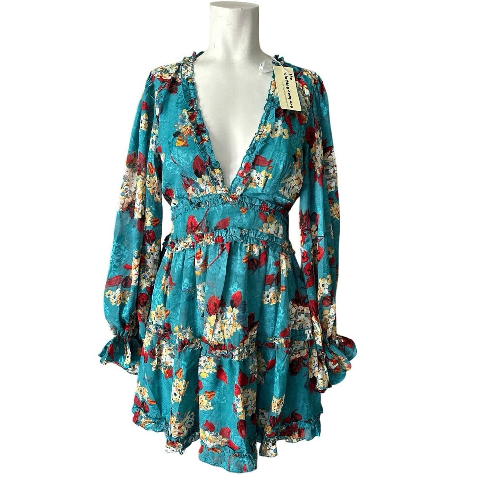 Dress summer Ruffle Skirt Long Sleeves Elastic Waist Blue leyered floral zip NWT